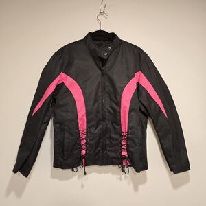 I-K Textiles Motorcycle Jacket XL Womens Black Pink Full Zip Biker Moto Y2K